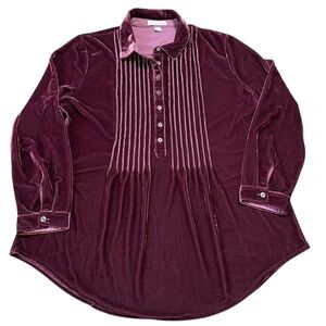 Coldwater Creek burgundy velvet long sleeve pintuck details collared tunic top